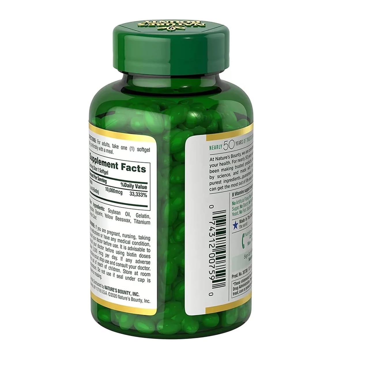 Nature's Bounty Biotin 10000 mcg softgel back label with ingredients