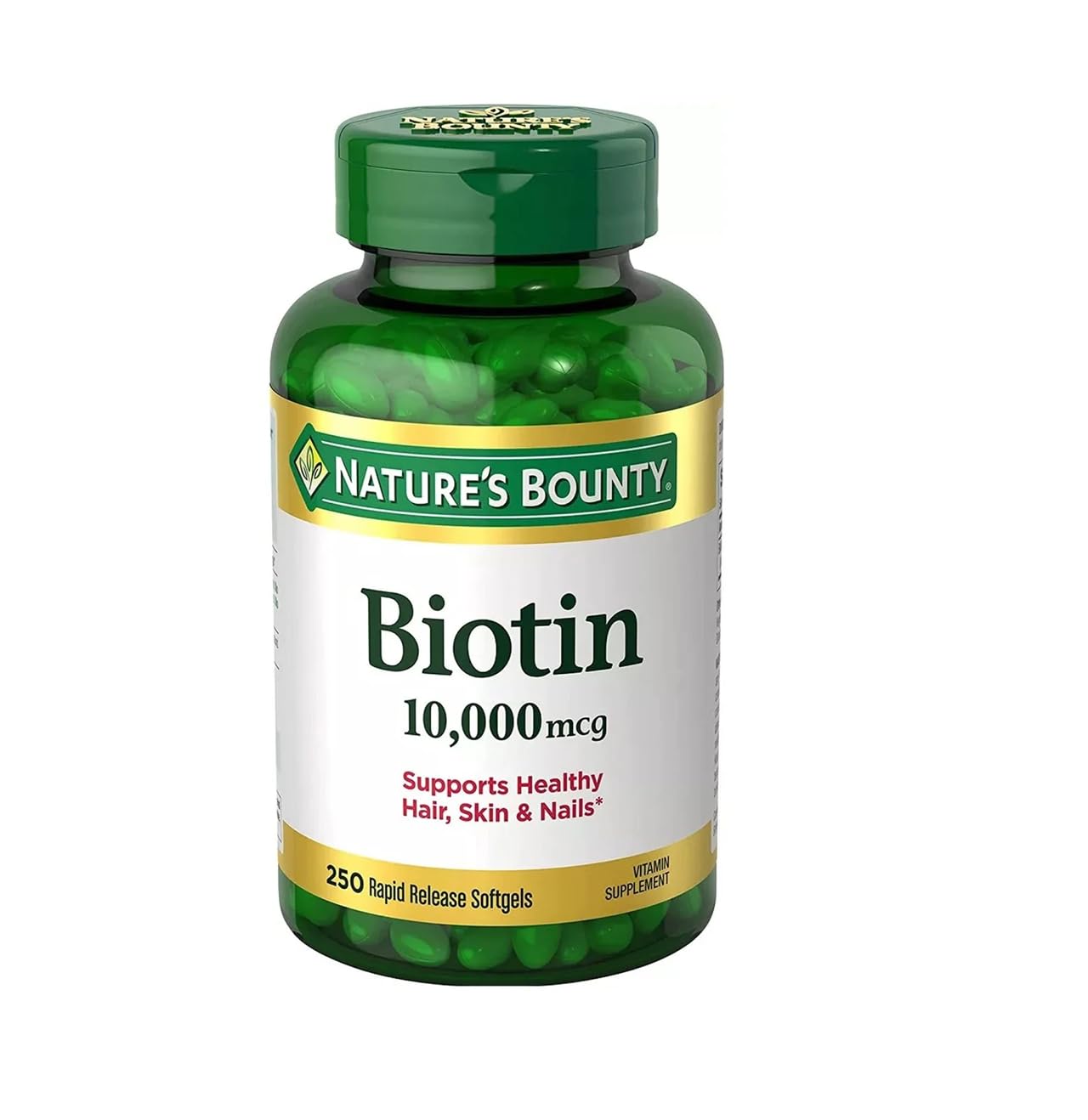 Nature's Bounty Biotin 10000 mcg softgel bottle front view