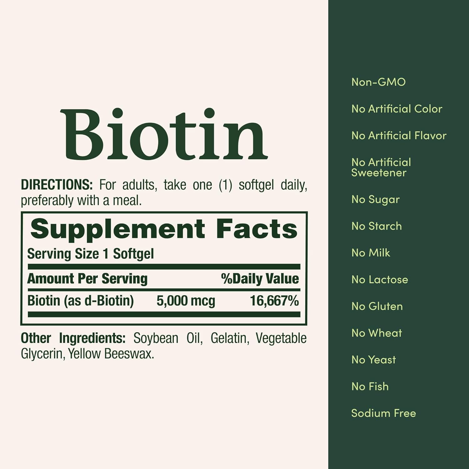 Nature's Bounty Biotin Softgels 5000 mcg bottle side view
