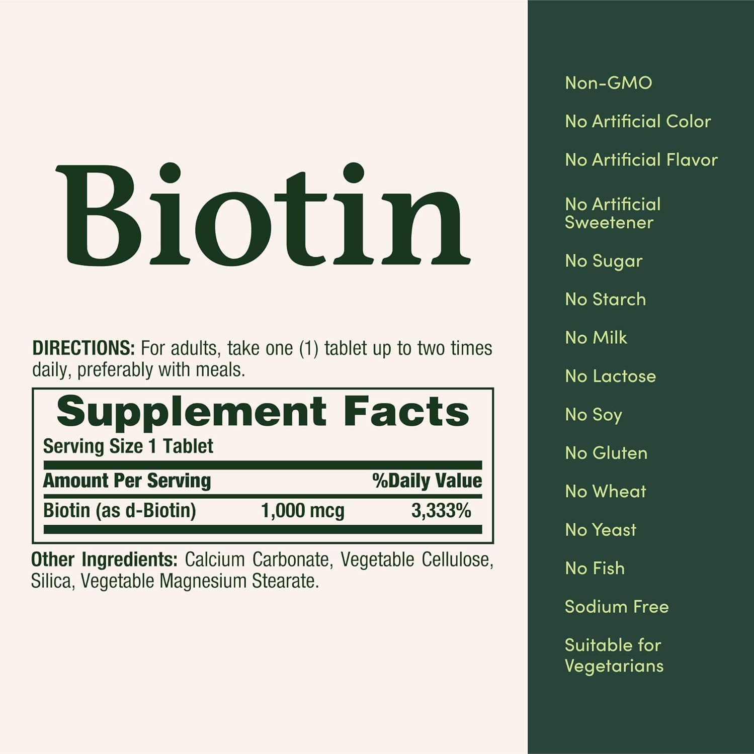 Nature's Bounty Biotin Tablets label with ingredients