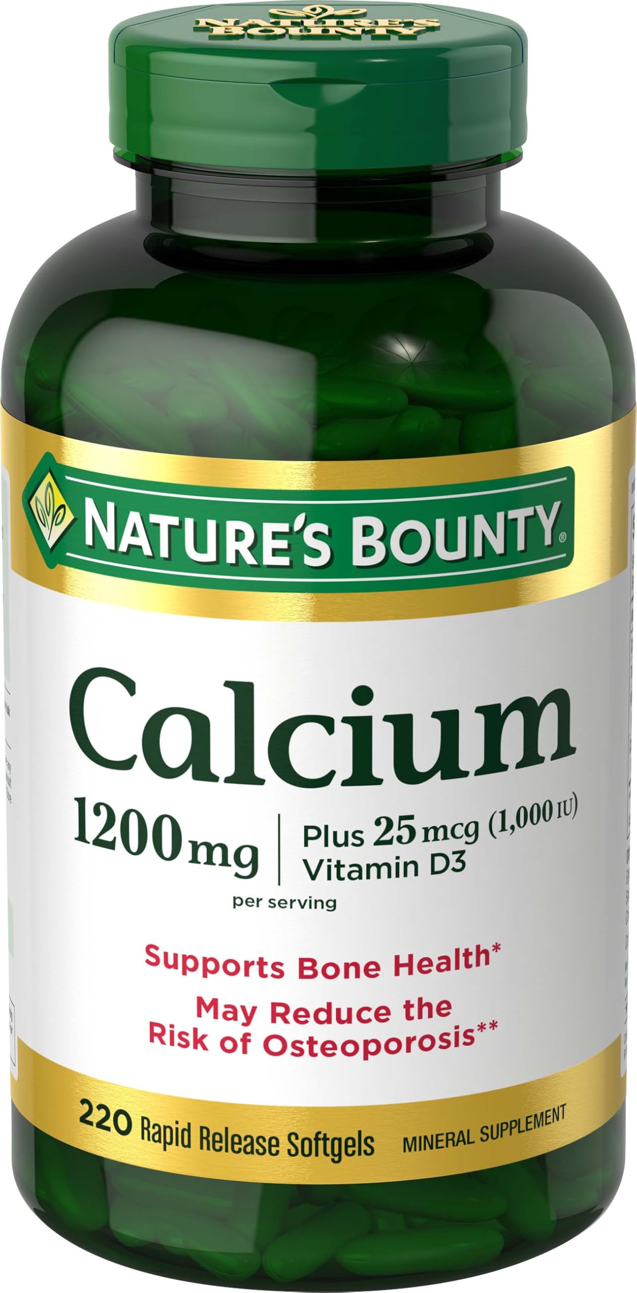 Nature's Bounty Calcium Plus Vitamin D3 1200mg softgels front view