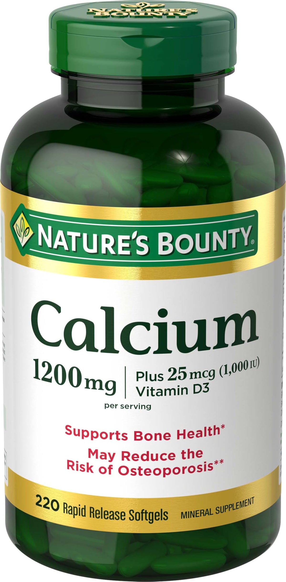 Nature's Bounty Calcium Plus Vitamin D3 1200mg softgels front view