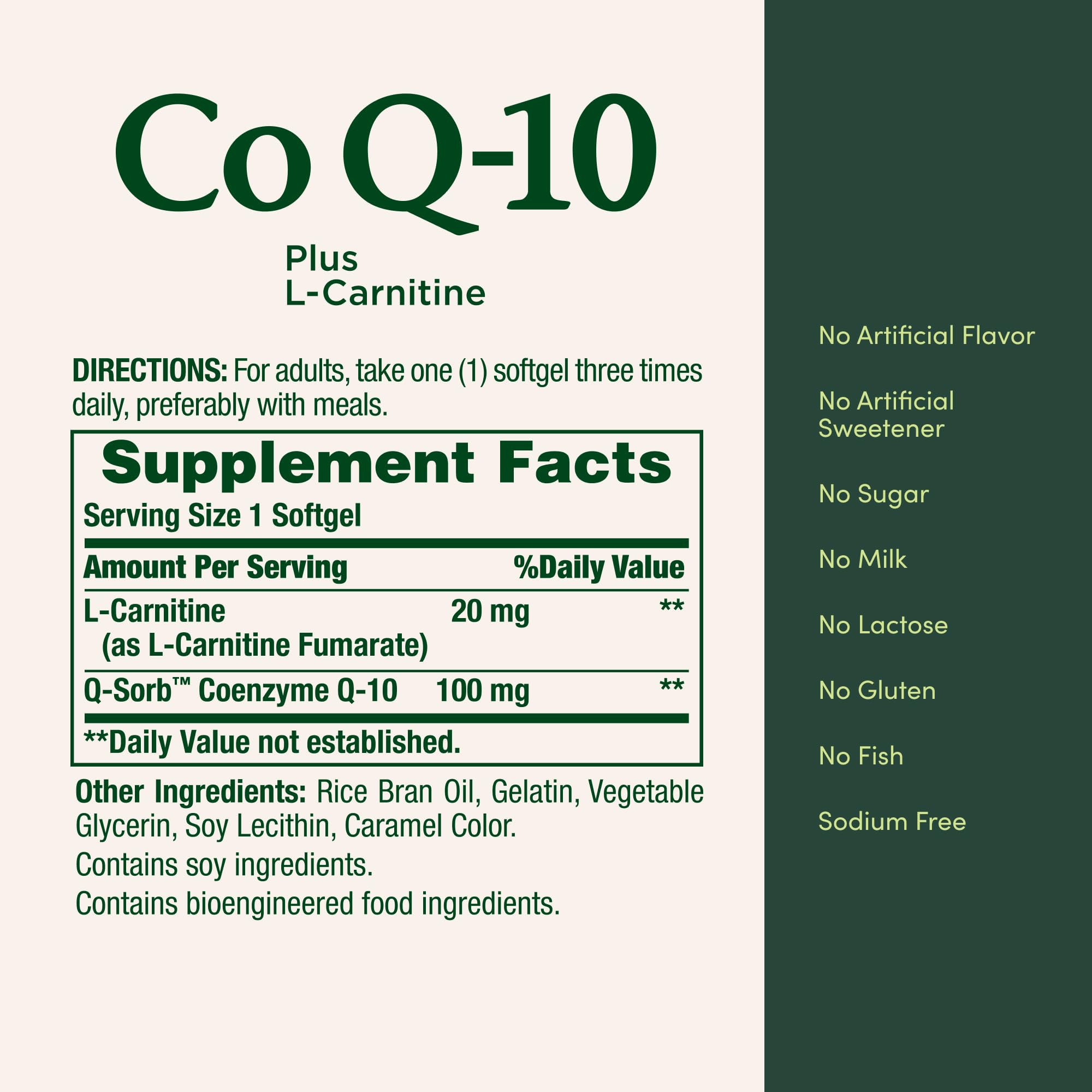 Nature's Bounty CoQ-10 Plus L-Carnitine Softgels with dosage information