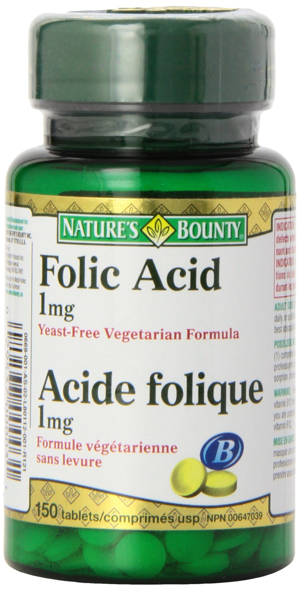 Nature's Bounty Folic Acid 1 mg 150 Tablets front view