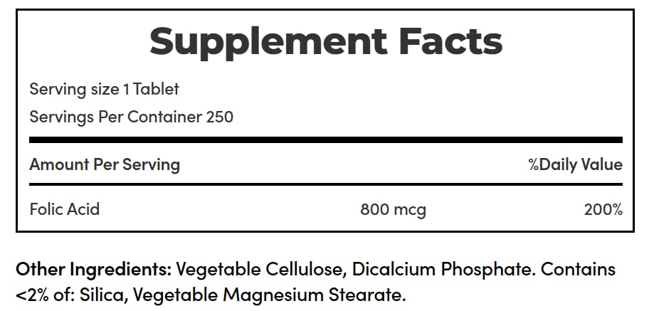 Nature's Bounty Folic Acid 800 mcg 250 tablets on a wooden table
