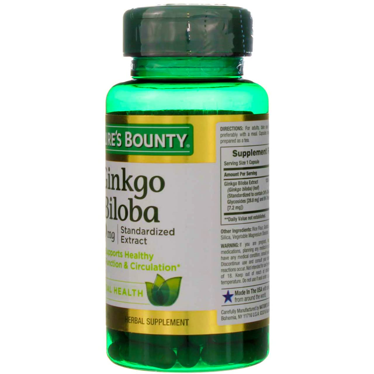 Nature's Bounty Ginkgo Biloba 120mg capsules with a glass of water