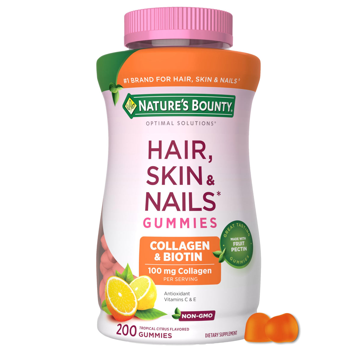Nature's Bounty Hair Skin and Nails Gummies front view with tropical citrus flavour