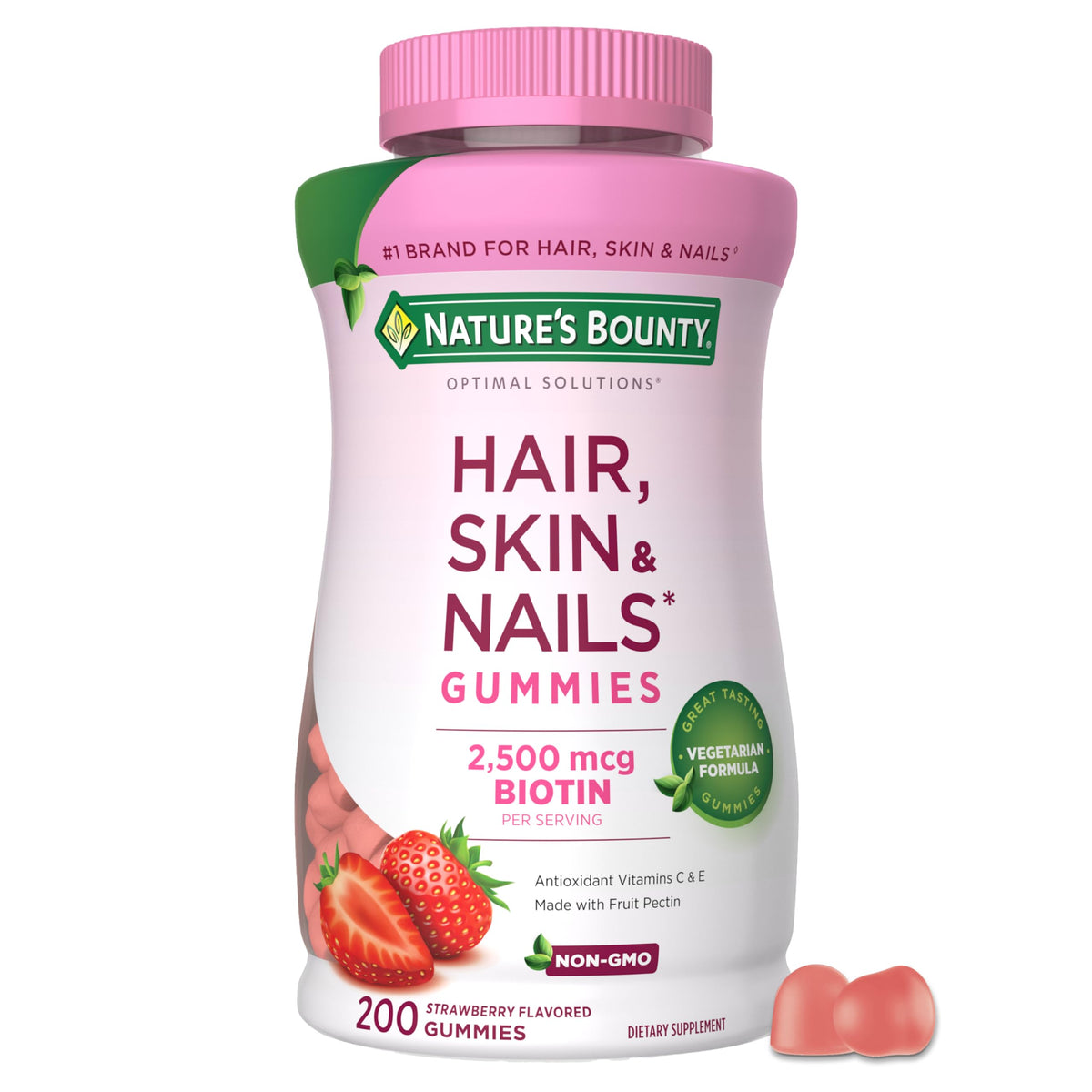 Nature's Bounty Hair Skin & Nails Gummies front view with packaging