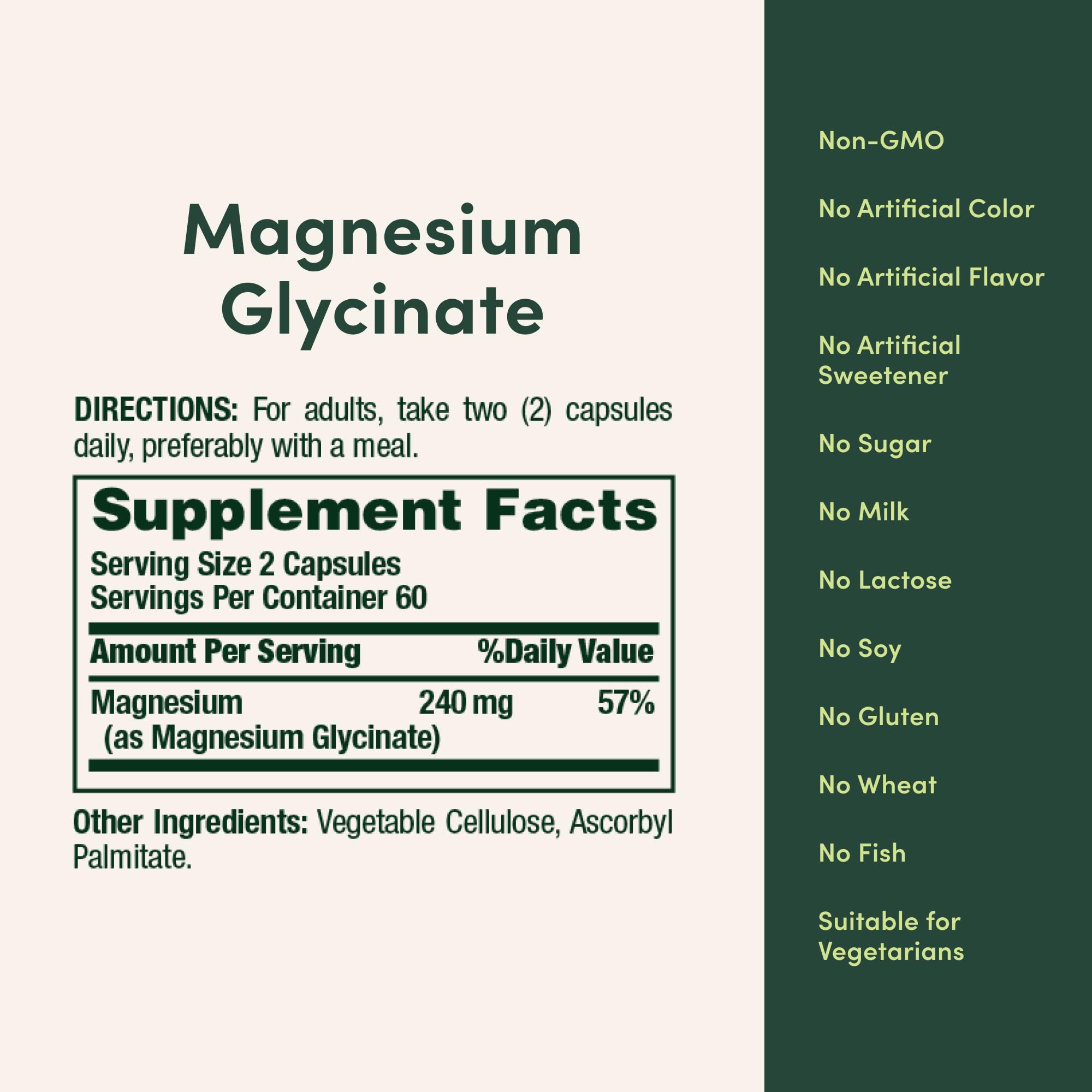 Nature's Bounty High Absorption Magnesium Glycinate 240mg ingredients list