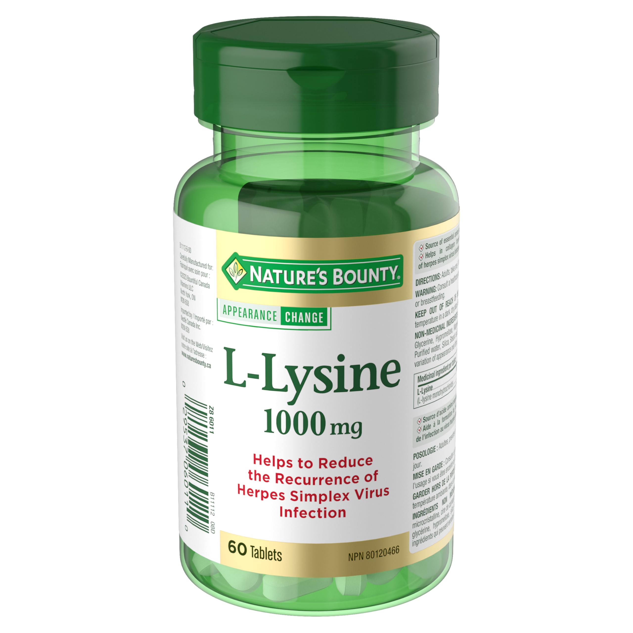Nature's Bounty L-Lysine 1000 mg 60 Tablets front view