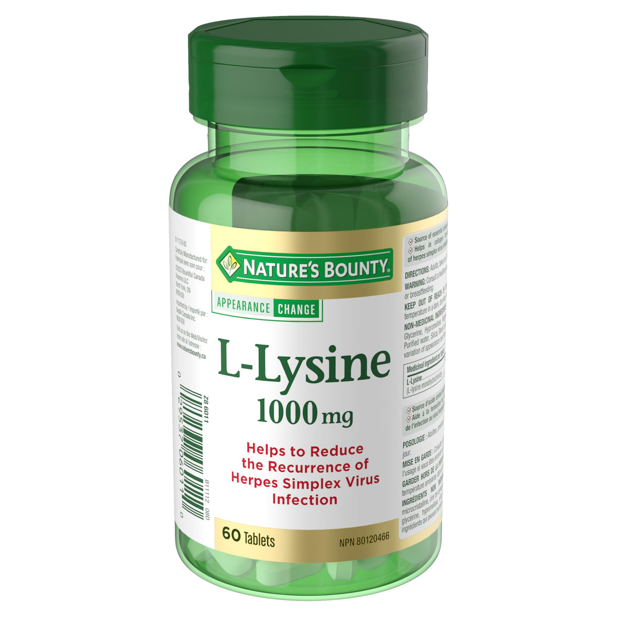 Nature's Bounty L-Lysine 1000 mg 60 Tablets front view