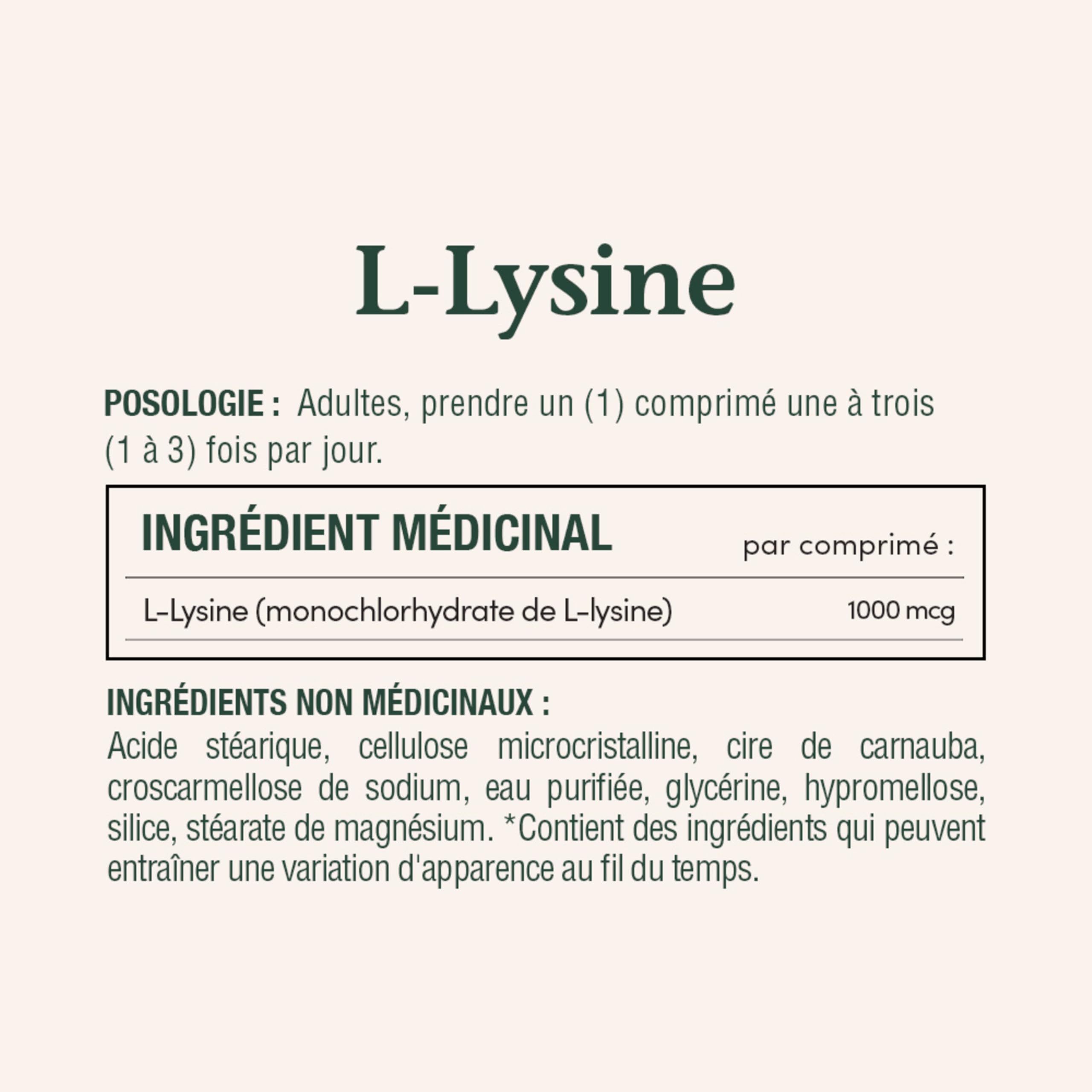 Nature's Bounty L-Lysine 1000 mg ingredients list