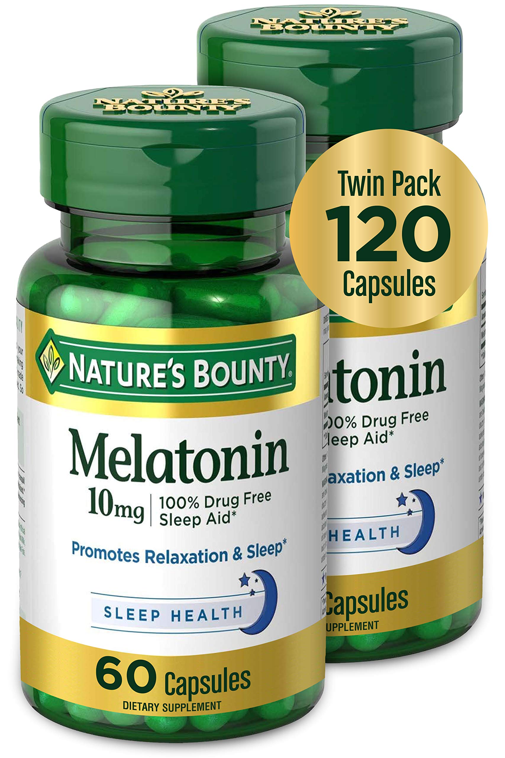 Nature's Bounty Melatonin 10mg Twin Pack front view with 60 capsules