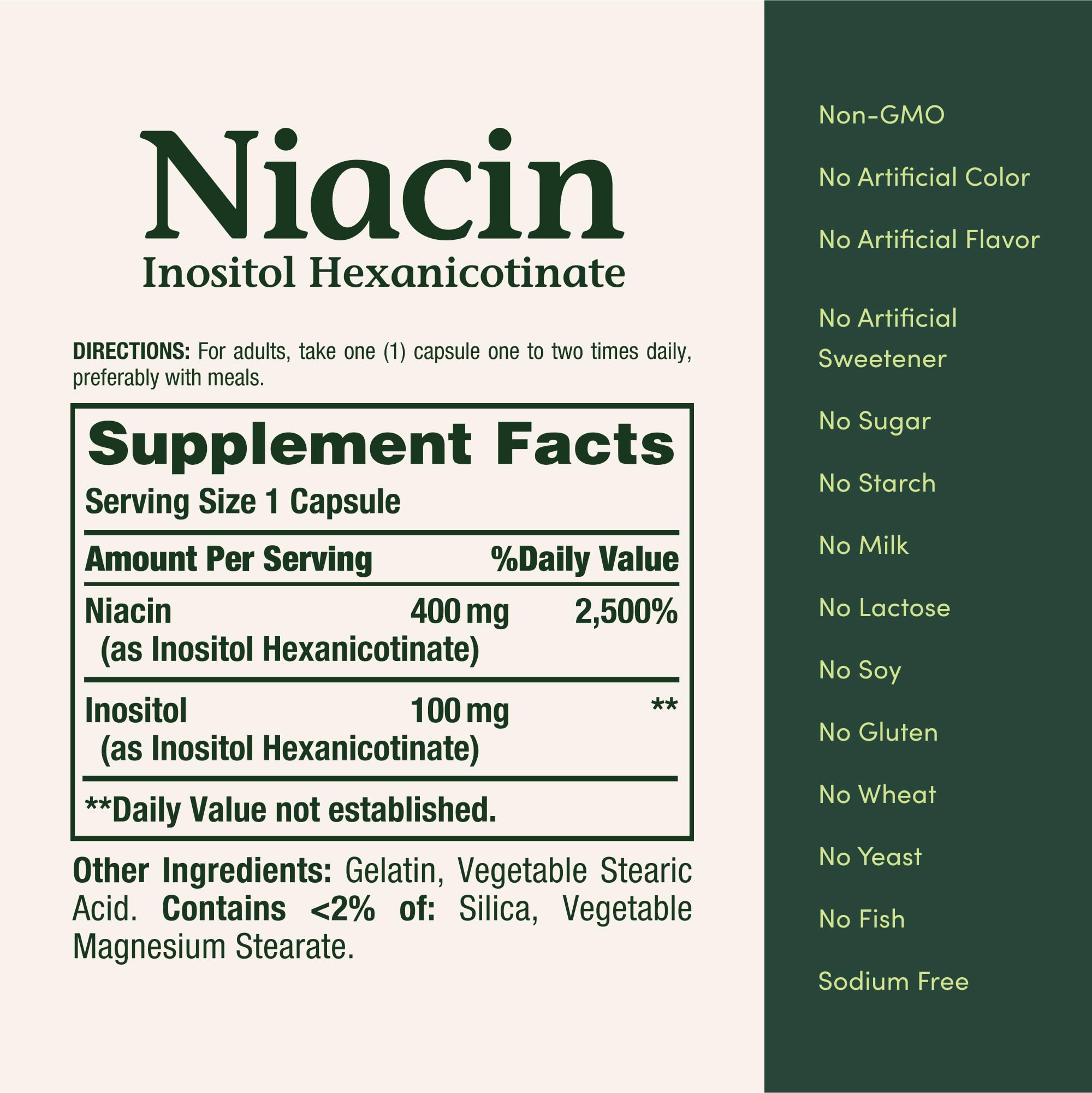 Nature's Bounty Niacin 500mg capsules back view showing ingredients