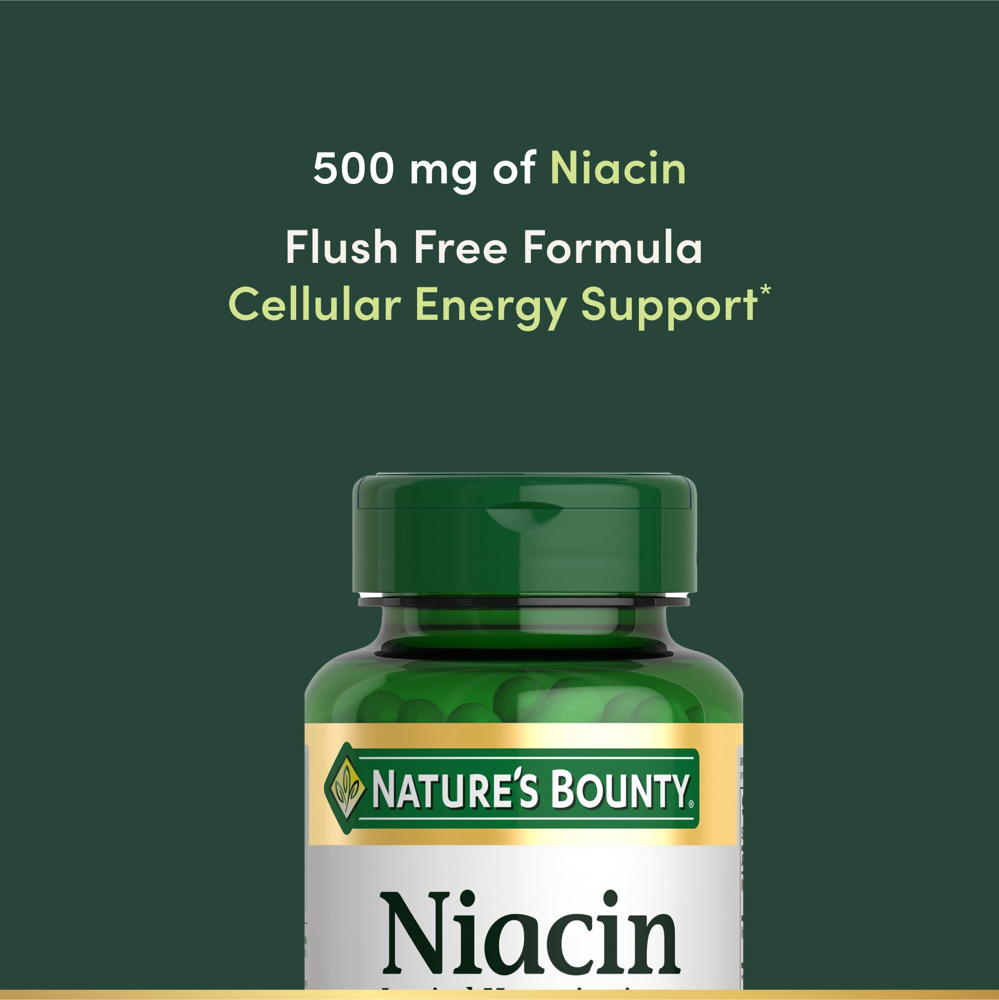 Nature's Bounty Niacin 500mg capsules on a wooden table