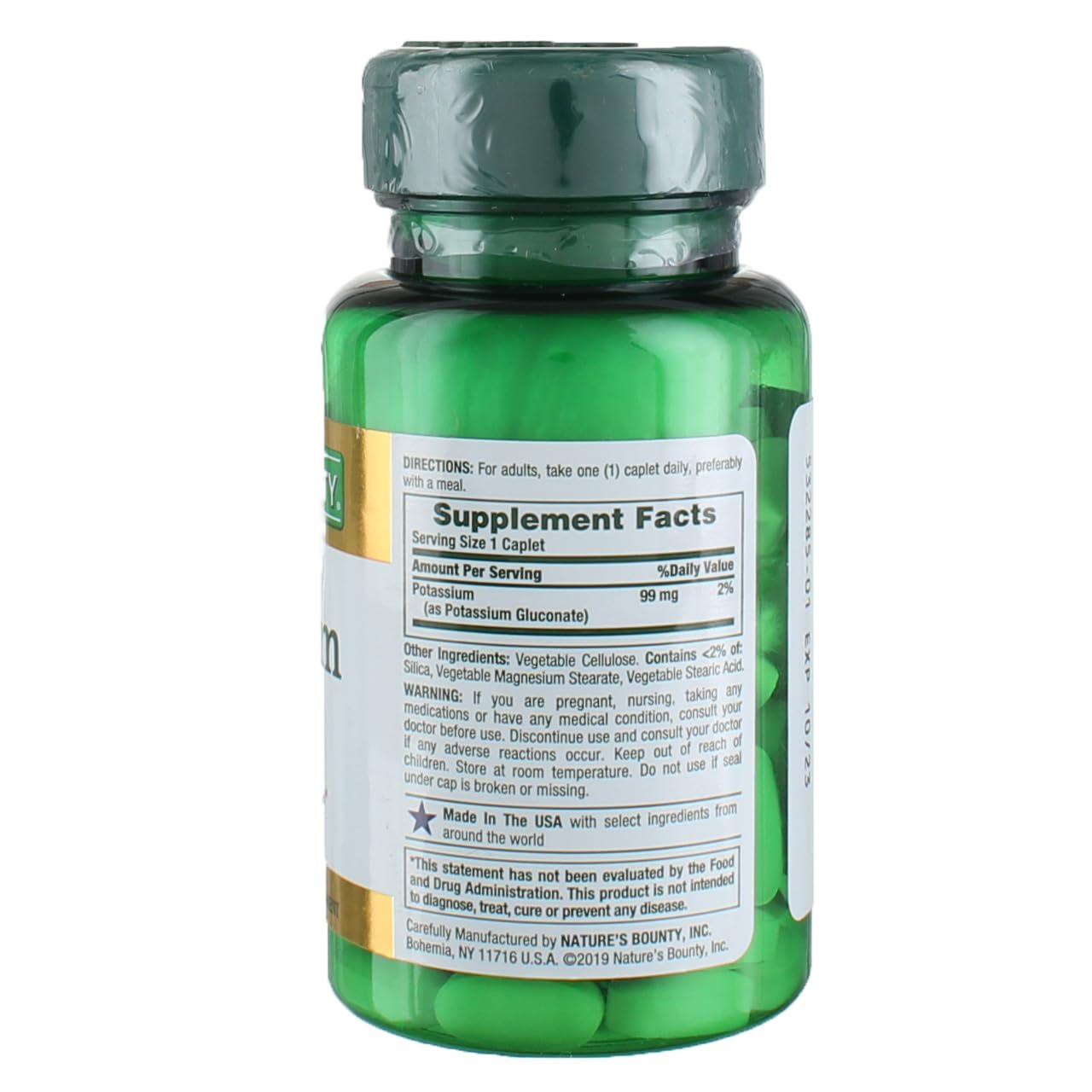 Nature's Bounty Potassium Gluconate 99mg caplet back view