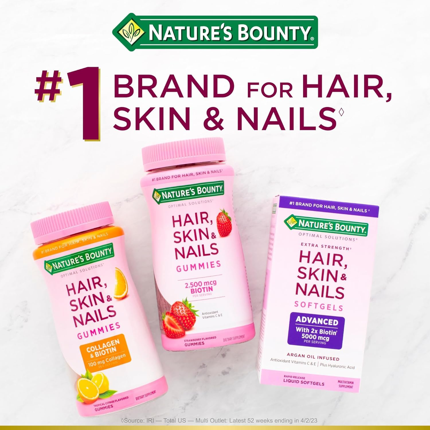 Nature's Bounty Skin, Hair and Nails Supplement with a measuring spoon