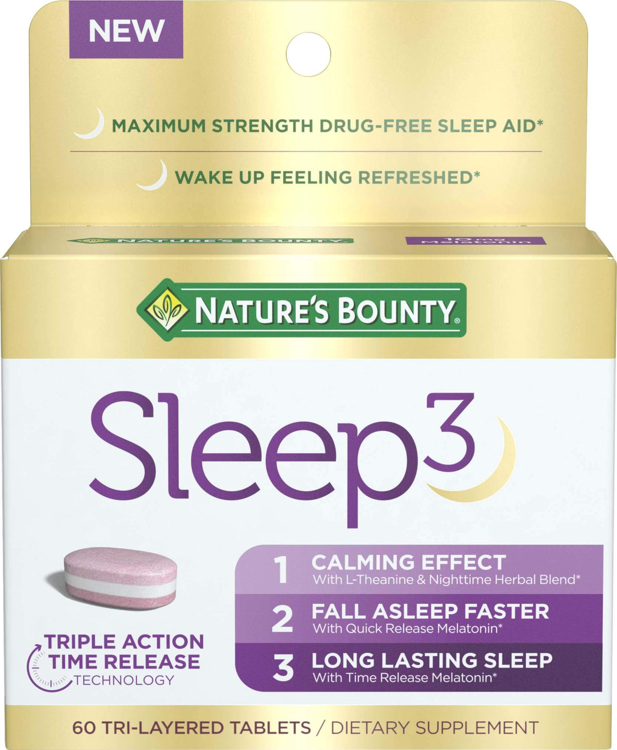 Nature's Bounty Sleep3 Melatonin 10mg 60 Tablets front view