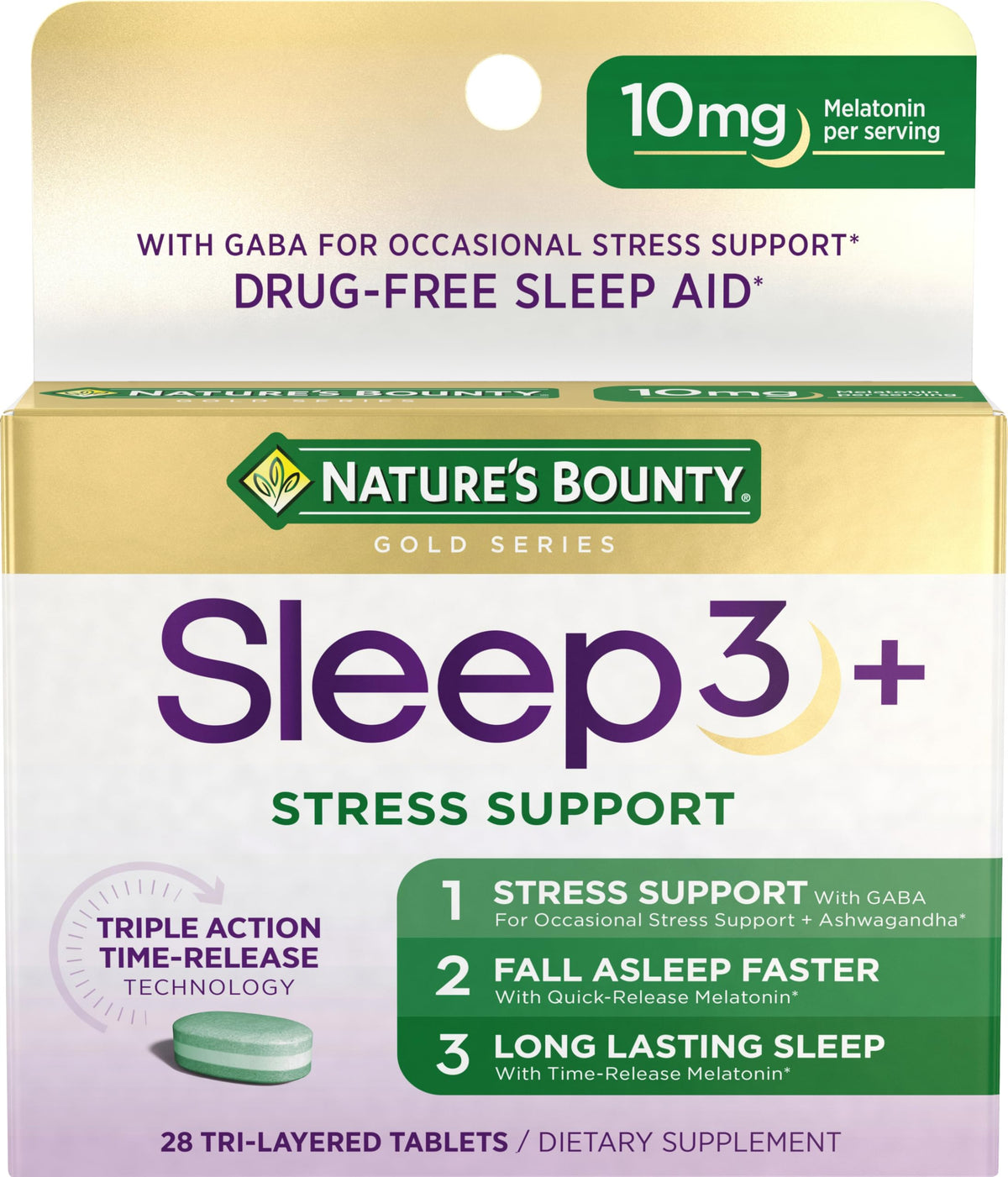 Nature's Bounty Sleep3+ Stress Support tri-layer tablets front view
