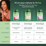 Nature's Bounty Superfoods Plus daily wellness capsule with fresh fruits and vegetables