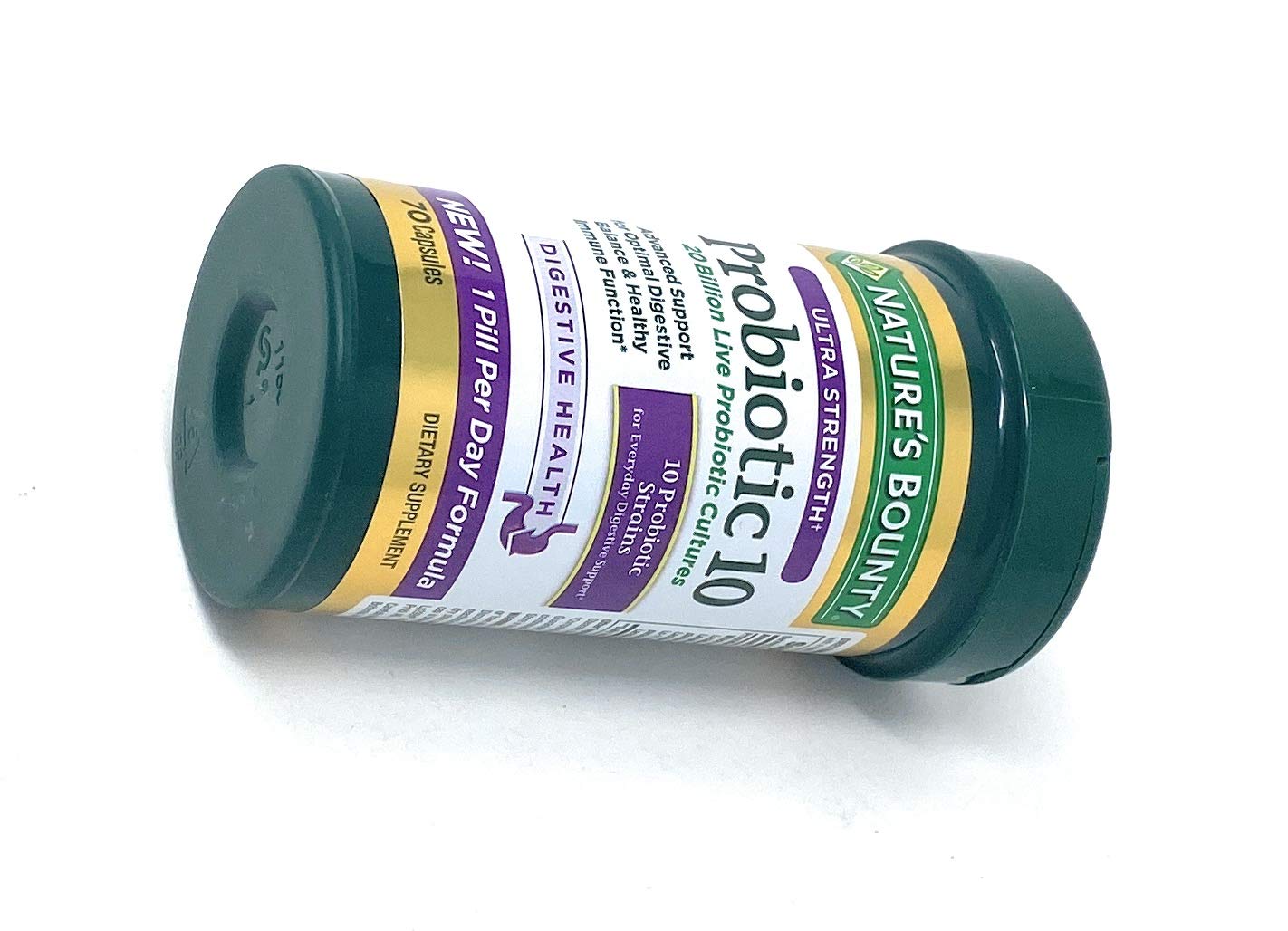 Nature's Bounty Ultra Strength Probiotic 10 displayed on a wooden table