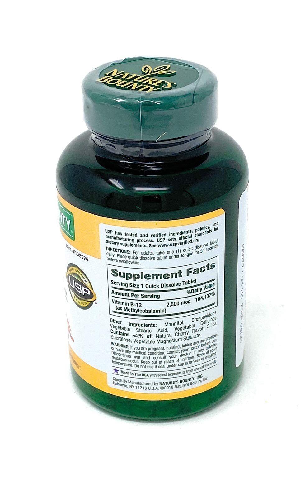 Nature's Bounty Vitamin B-12 2500 mcg side view of packaging