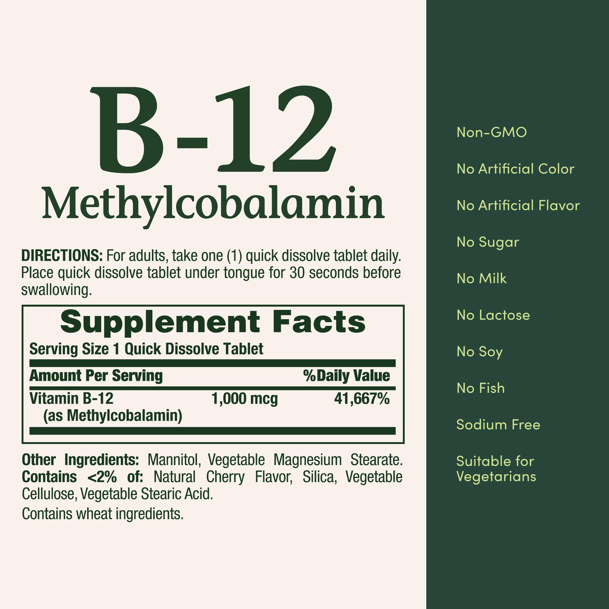 Nature's Bounty Vitamin B12 1000MCG Quick Dissolve Tablets with dosage details