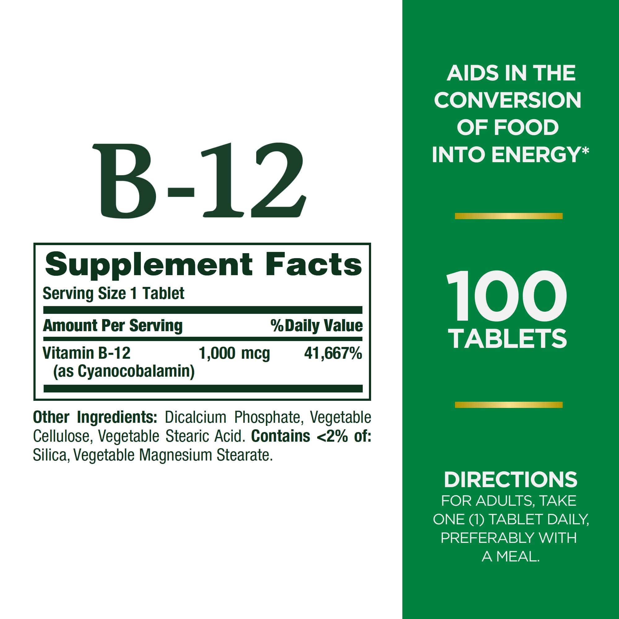 Nature's Bounty Vitamin B12 bottle side view showing dosage