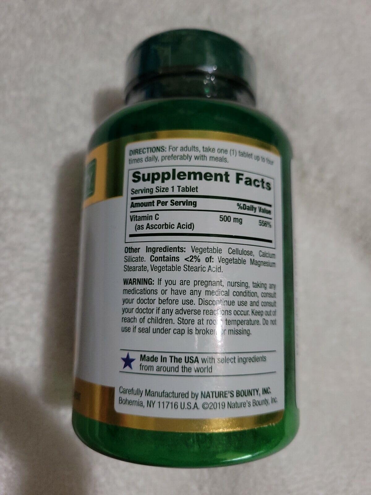 Nature's Bounty Vitamin C 500mg caplets packaging