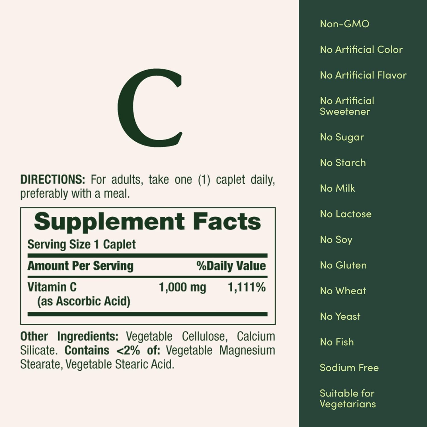 Nature's Bounty Vitamin C Caplets 1000 mg bottle back view