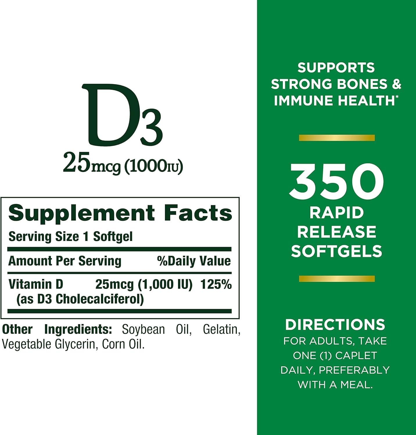 Nature's Bounty Vitamin D3 1000 IU Softgels back view