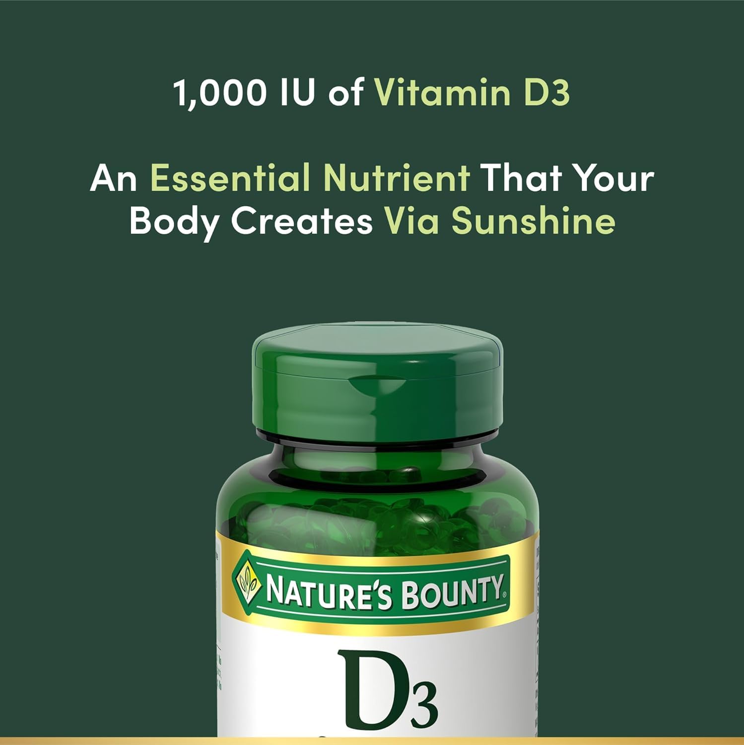 Nature's Bounty Vitamin D3 1000 IU Softgels bottle with label