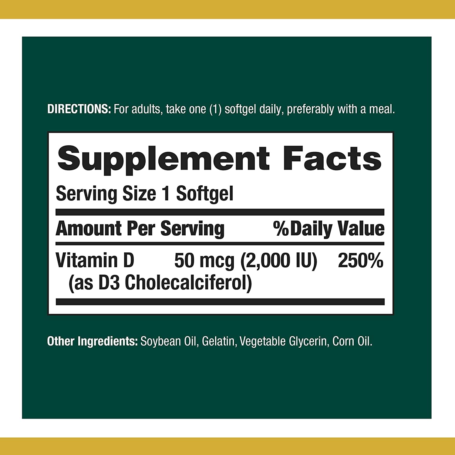 Nature's Bounty Vitamin D3 1000 IU supplement side view