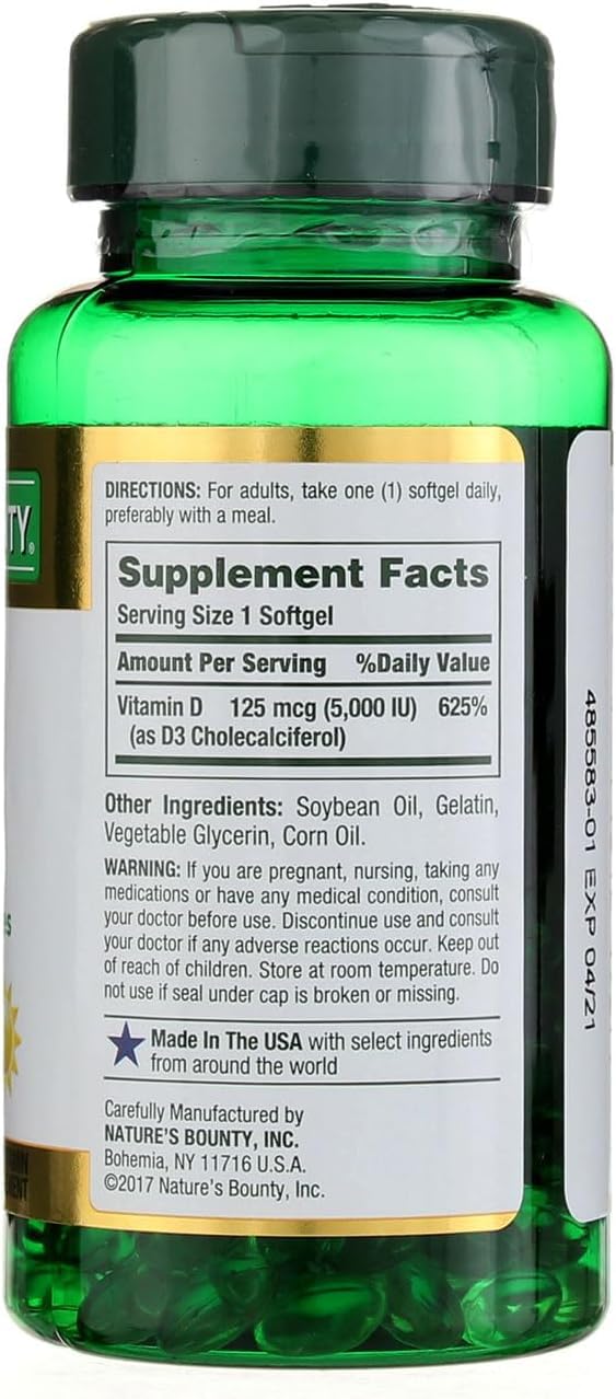 Nature's Bounty Vitamin D3 125 mcg softgels back view
