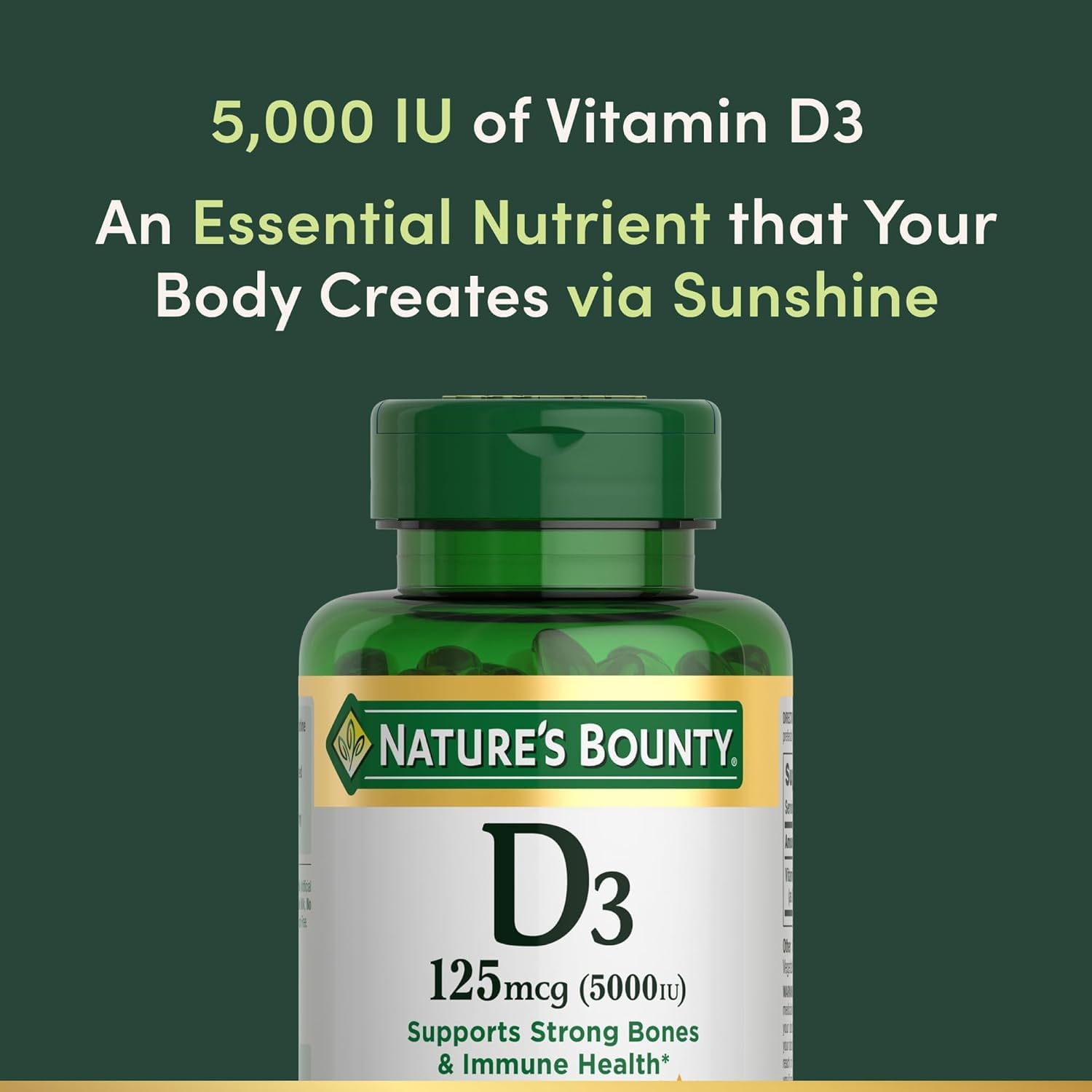 Nature's Bounty Vitamin D3 125 mcg softgels bottle with label