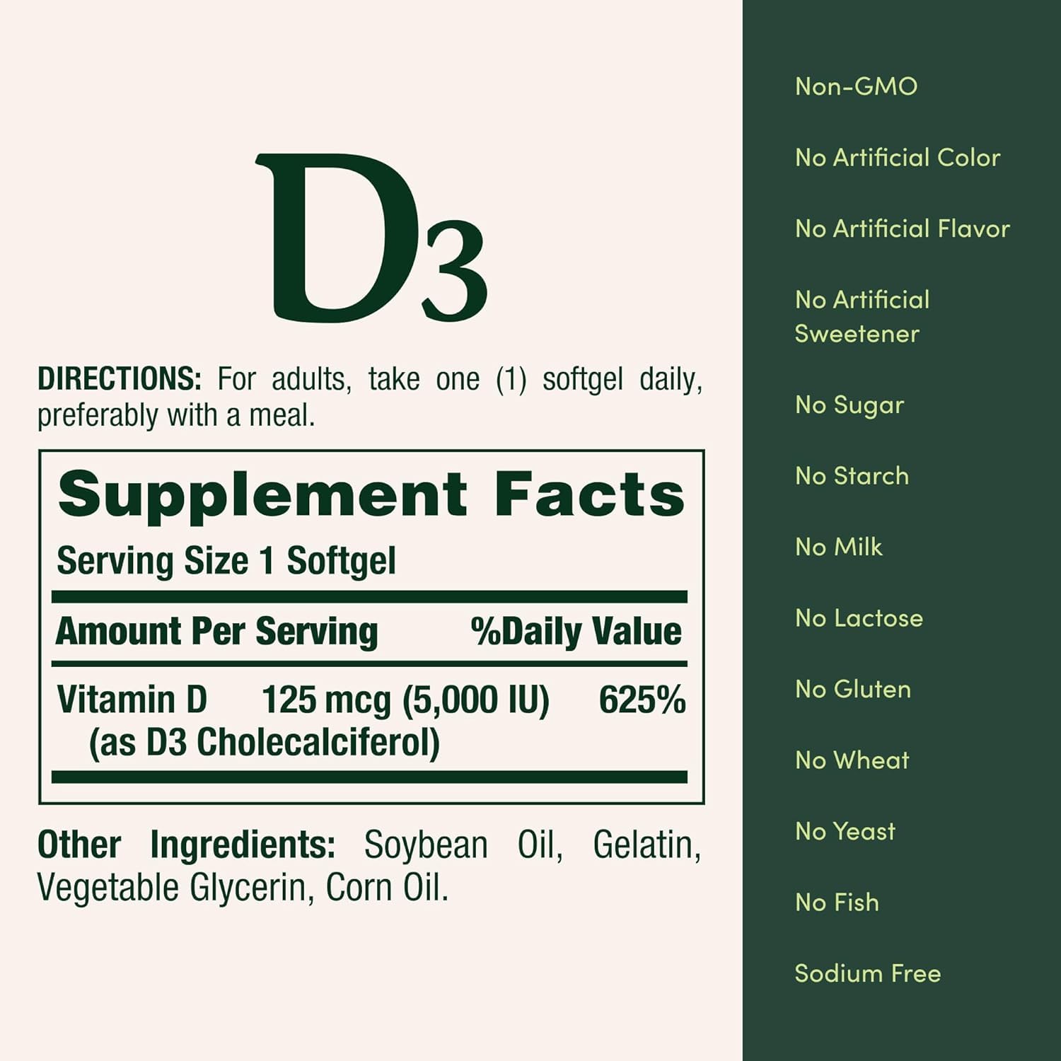 Nature's Bounty Vitamin D3 125 mcg softgels on a wooden table