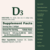 Nature's Bounty Vitamin D3 125 mcg softgels on a wooden table