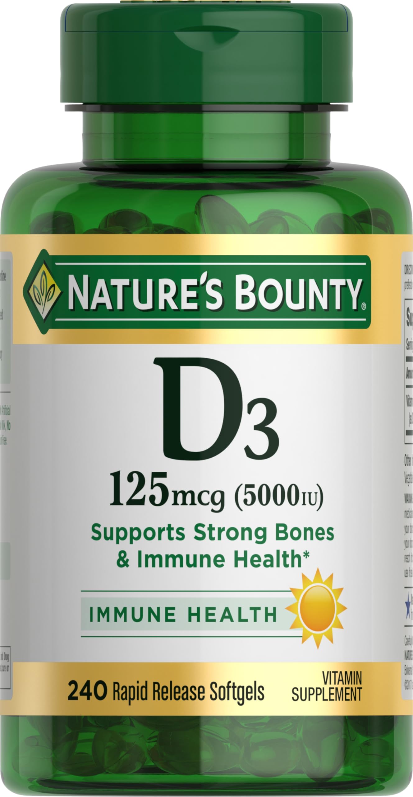 Nature's Bounty Vitamin D3 5000 IU softgels front view