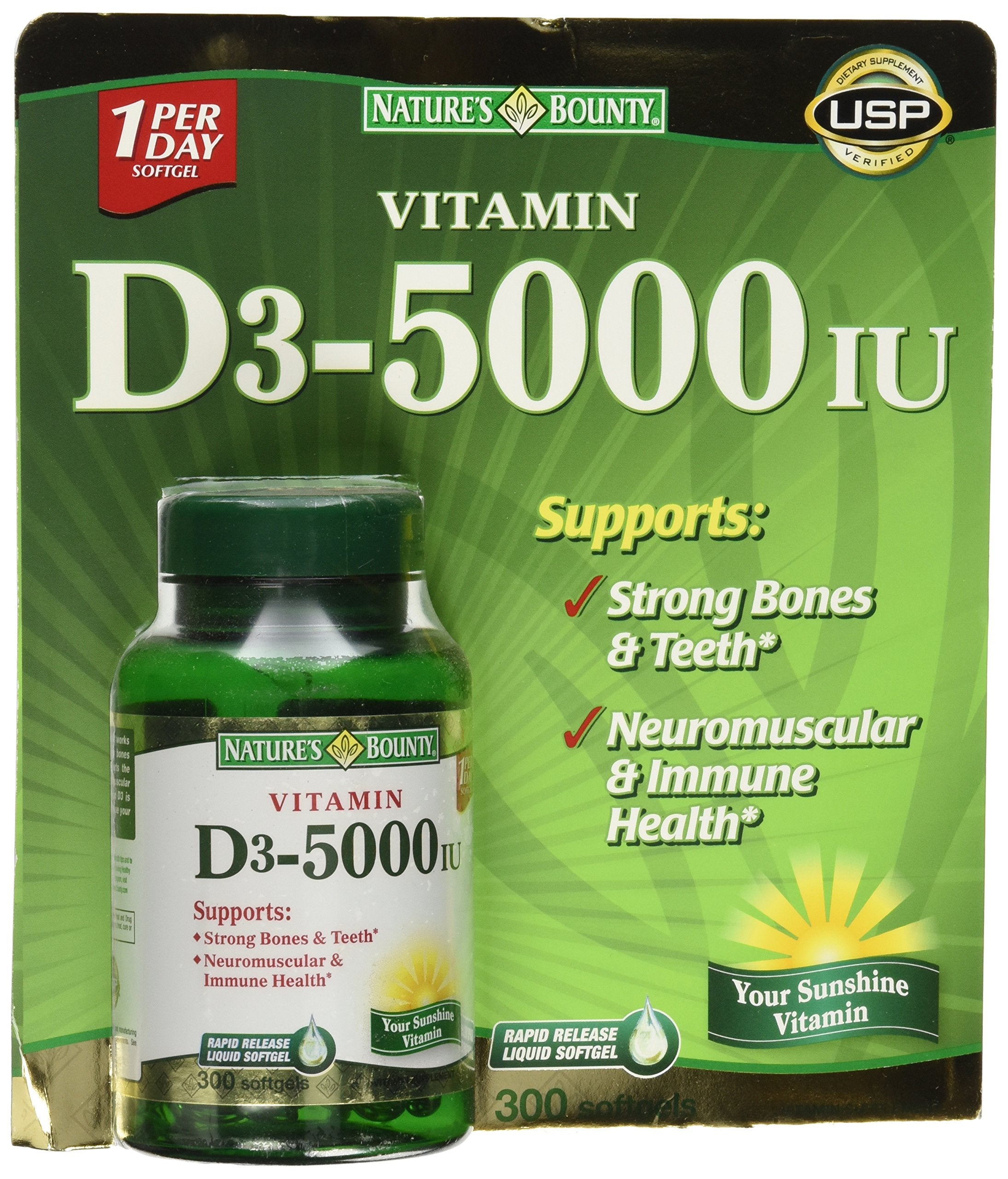 Nature's Bounty Vitamin D3 5000 IU Softgels front view packaging
