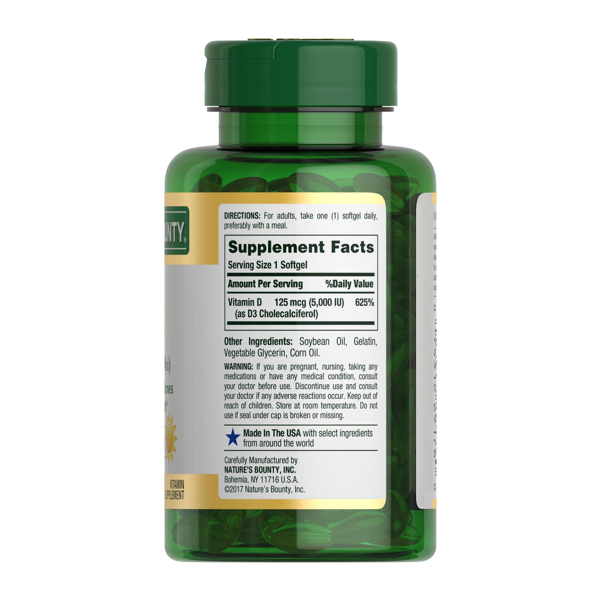Nature's Bounty Vitamin D3 5000 IU softgels in a health setting