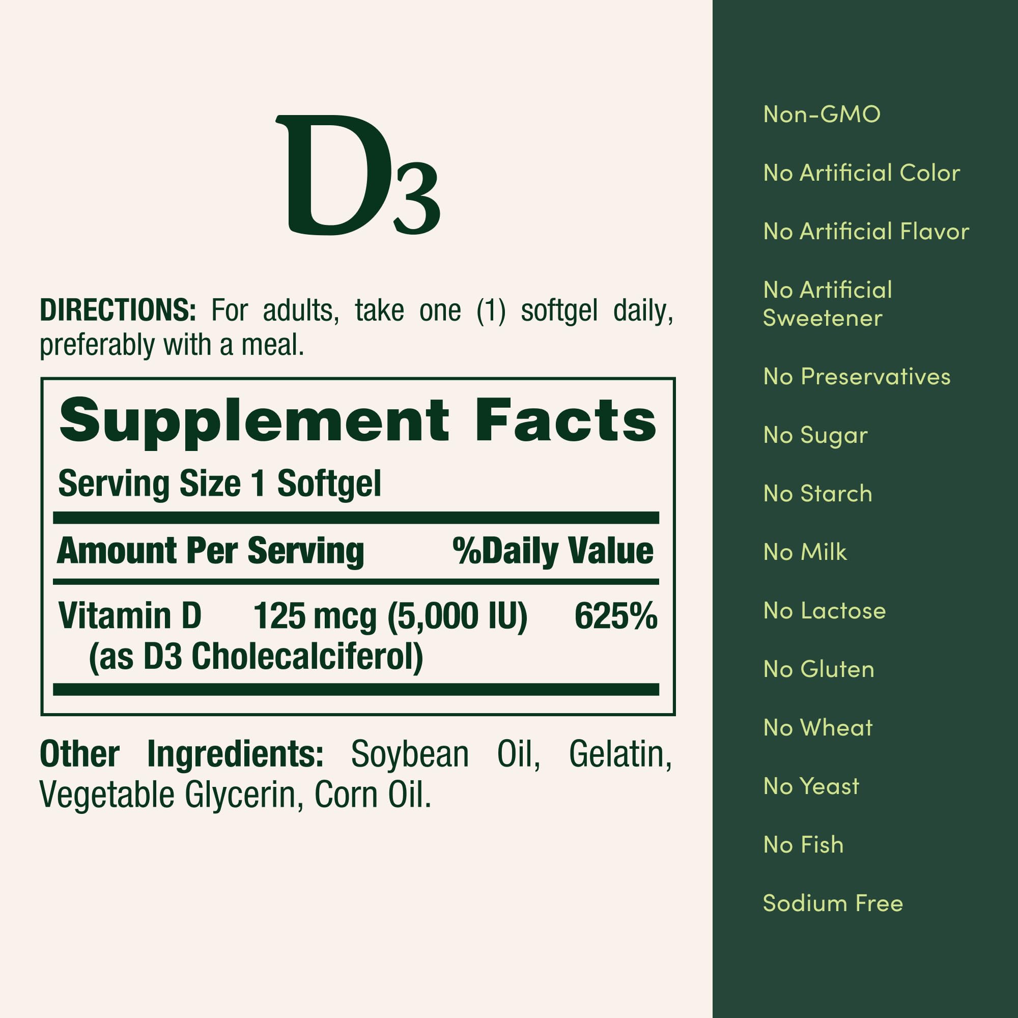 Nature's Bounty Vitamin D3 5000 IU softgels with dosage information