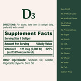 Nature's Bounty Vitamin D3 5000 IU softgels with dosage information