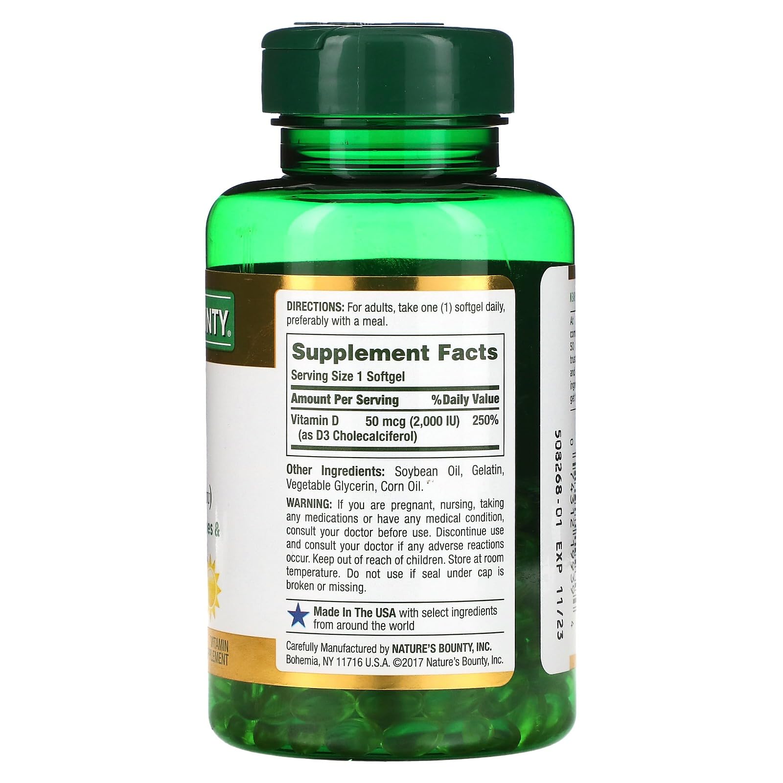 Nature's Bounty Vitamin D3 capsules showing size and shape