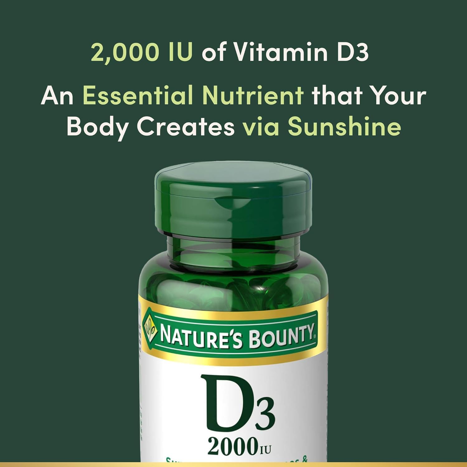 Nature's Bounty Vitamin D3 Rapid Release Softgels displayed on a table