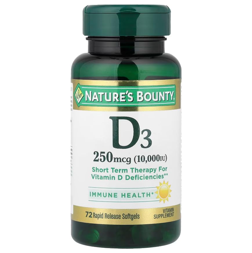 Nature's Bounty Vitamin D3 softgels showing rapid release format