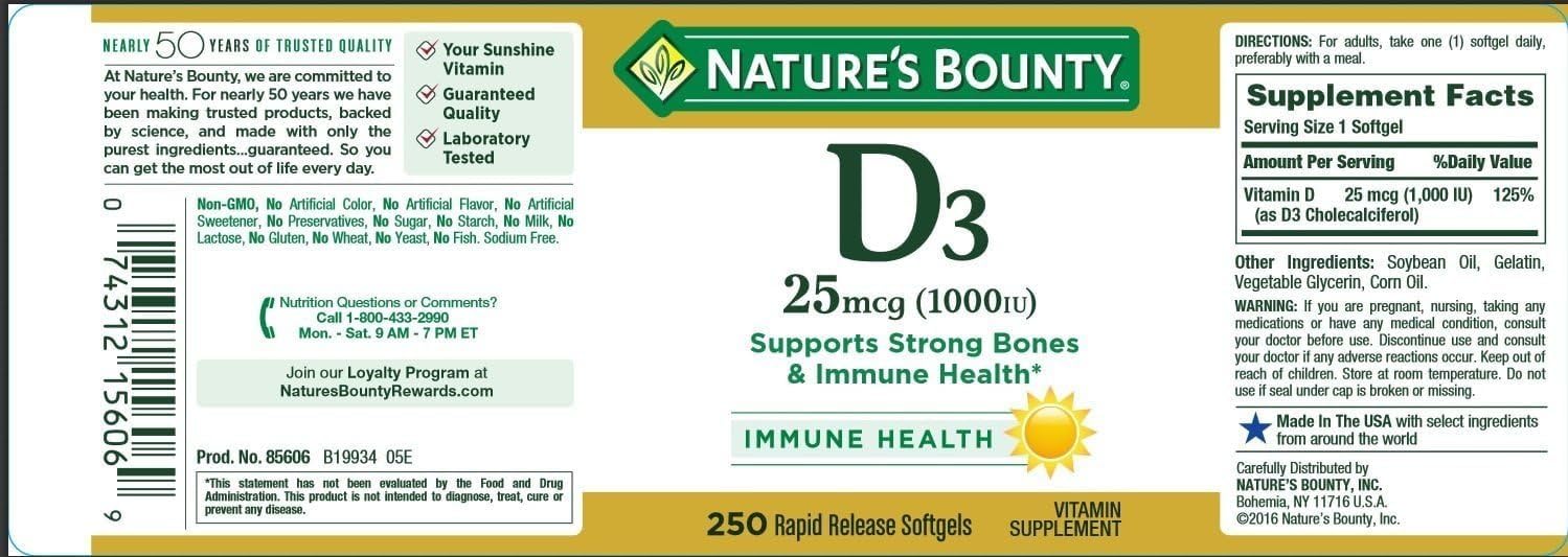 Nature's Bounty Vitamin D3 softgels with ingredients list
