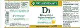 Nature's Bounty Vitamin D3 softgels with ingredients list