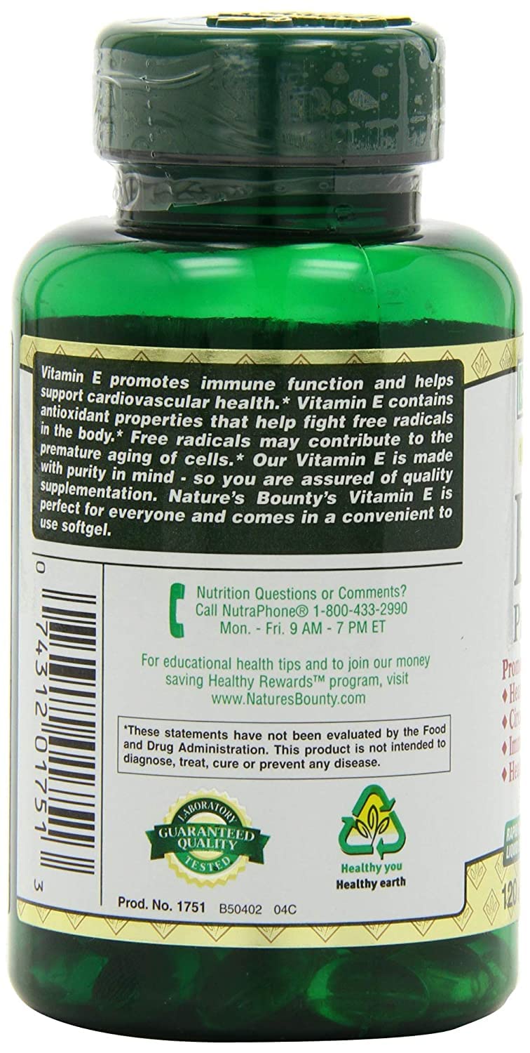 Nature's Bounty Vitamin E Softgels 400IU back view of packaging