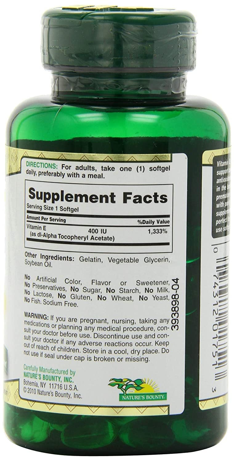 Nature's Bounty Vitamin E Softgels 400IU packaging
