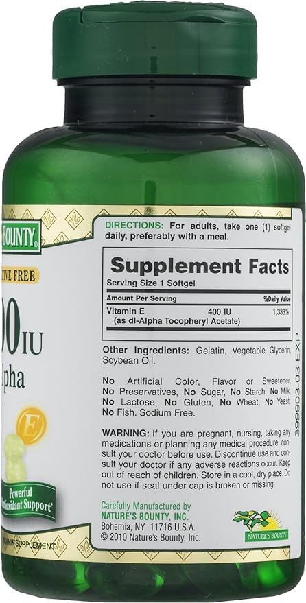 Nature's Bounty Vitamin E softgels with dosage information
